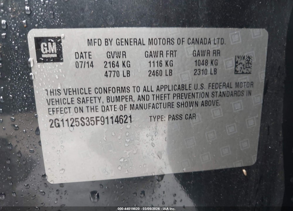 2015 CHEVROLET IMPALA 2LT VIN: 2G1125S35F9114621