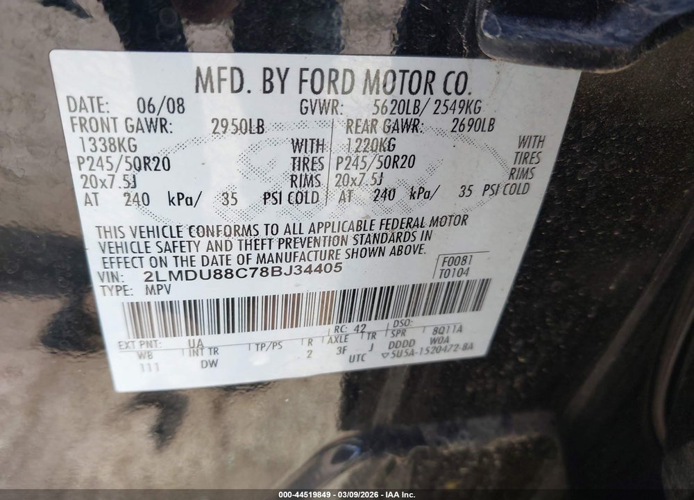 2008 LINCOLN MKX VIN: 2LMDU88C78BJ34405