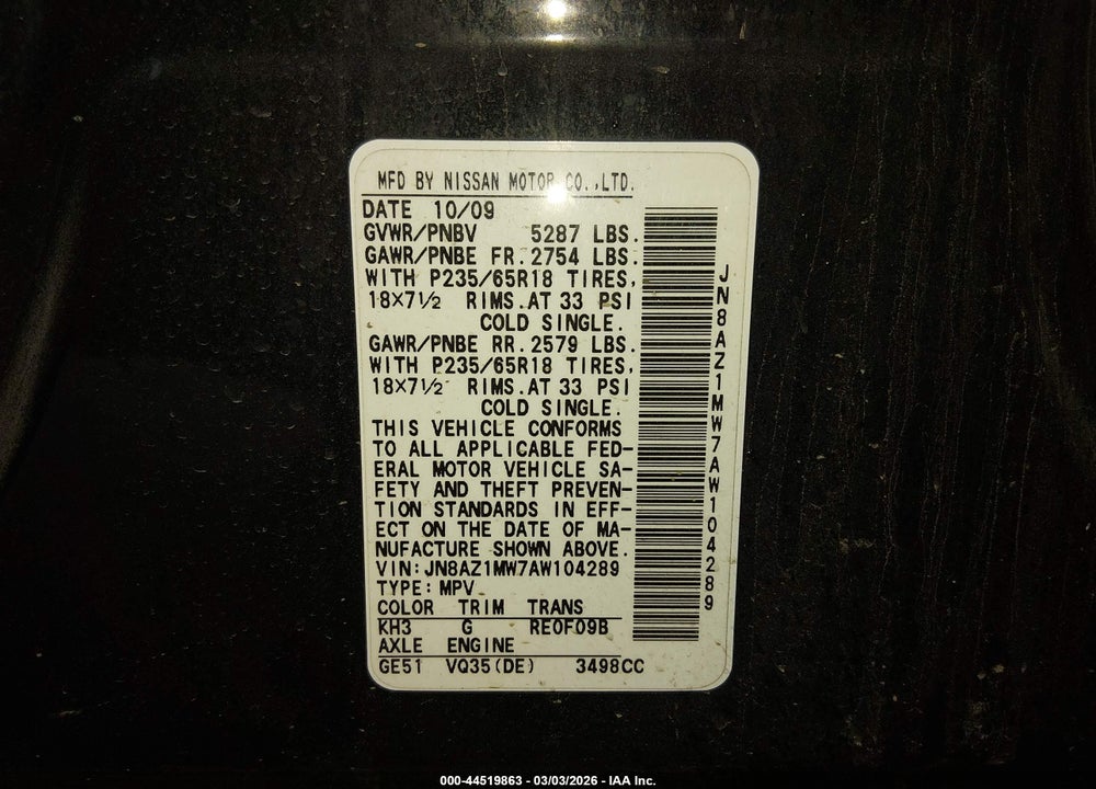 2010 NISSAN MURANO SL VIN: JN8AZ1MW7AW104289