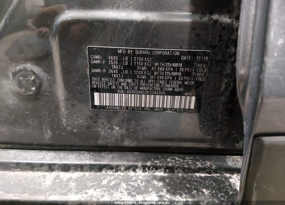 2019 SUBARU OUTBACK 2.5I LIMITED VIN: 4S4BSANC3K3284300
