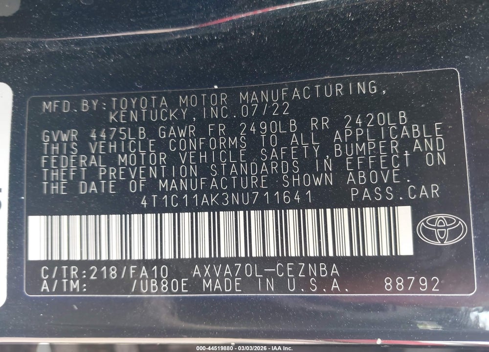 2022 TOYOTA CAMRY LE VIN: 4T1C11AK3NU711641