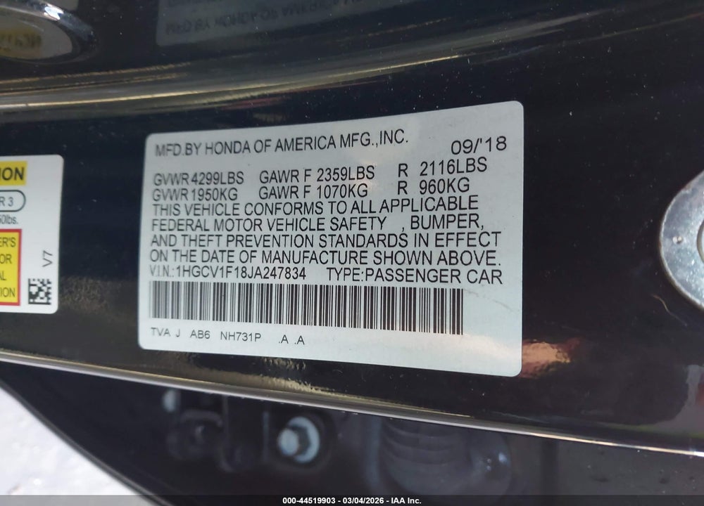 2018 HONDA ACCORD LX VIN: 1HGCV1F18JA247834