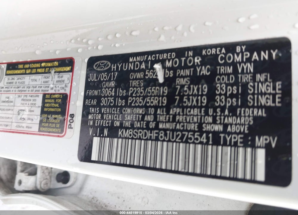 2018 HYUNDAI SANTA FE SE ULTIMATE VIN: KM8SRDHF8JU275541