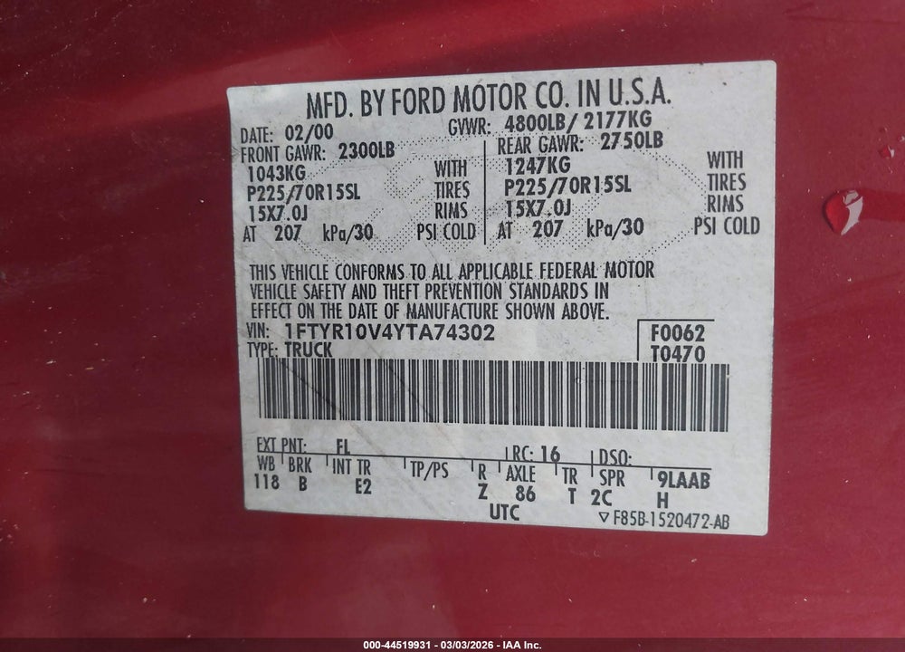 2000 FORD RANGER XL/XLT VIN: 1FTYR10V4YTA74302