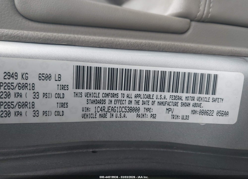 2013 JEEP GRAND CHEROKEE LAREDO VIN: 1C4RJEAG1DC538000