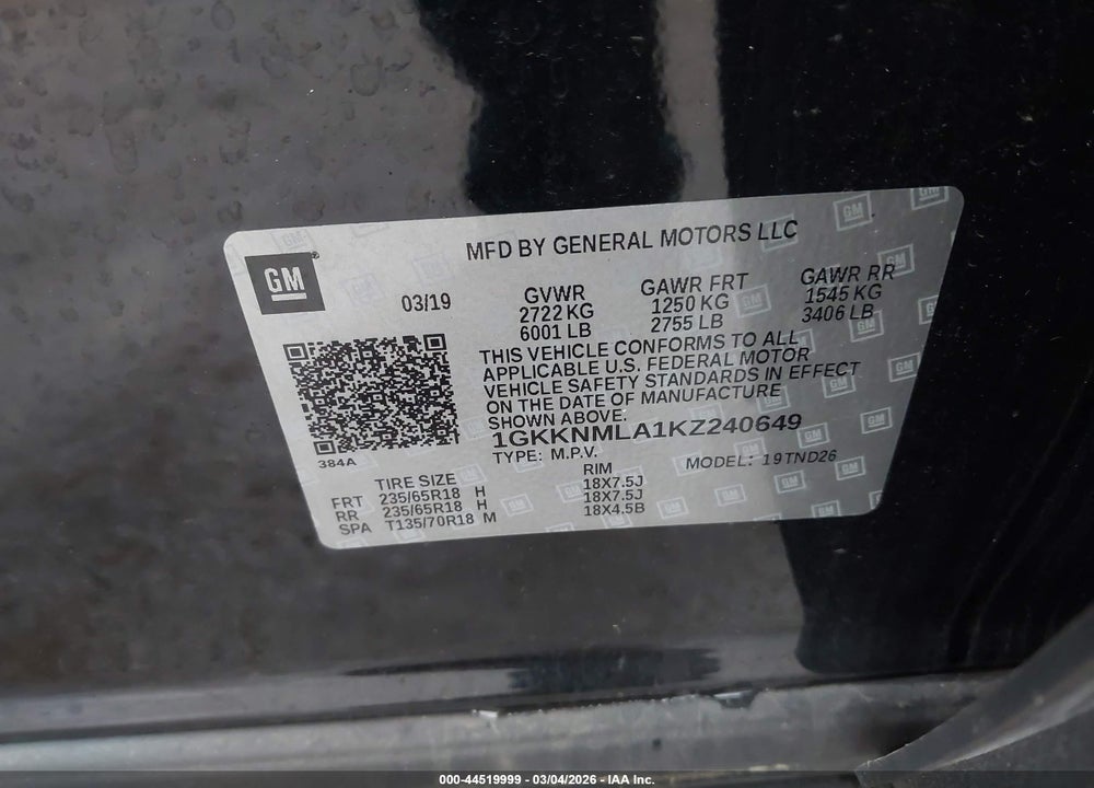 2019 GMC ACADIA SLT-1 VIN: 1GKKNMLA1KZ240649