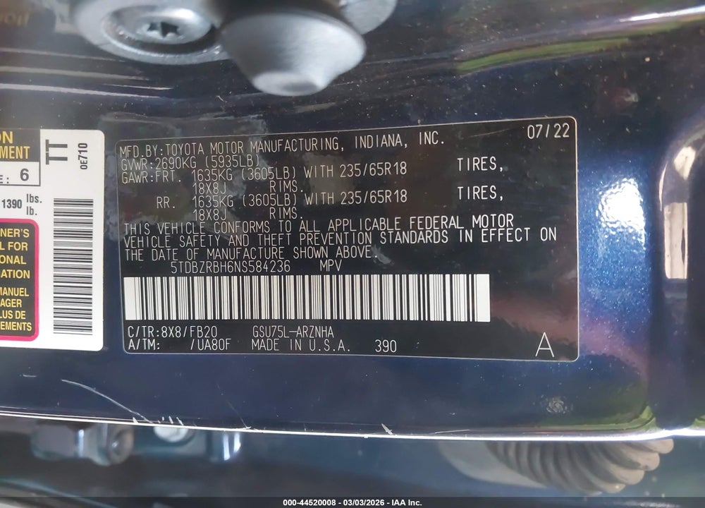 2022 TOYOTA HIGHLANDER LE VIN: 5TDBZRBH6NS584236