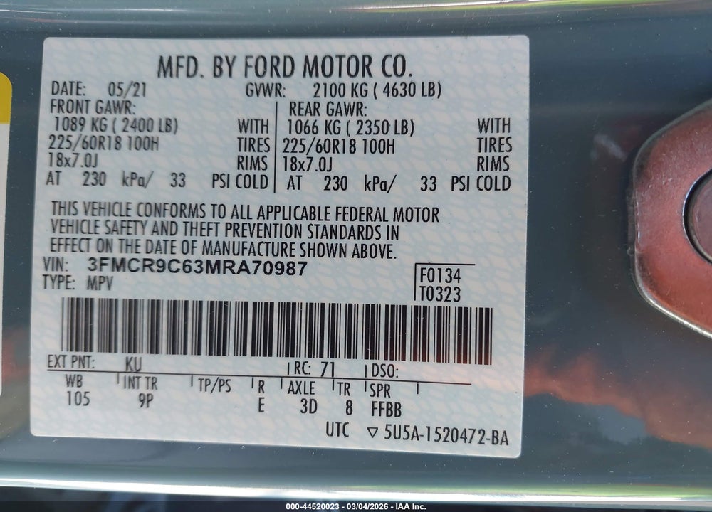 2021 FORD BRONCO SPORT OUTER BANKS VIN: 3FMCR9C63MRA70987
