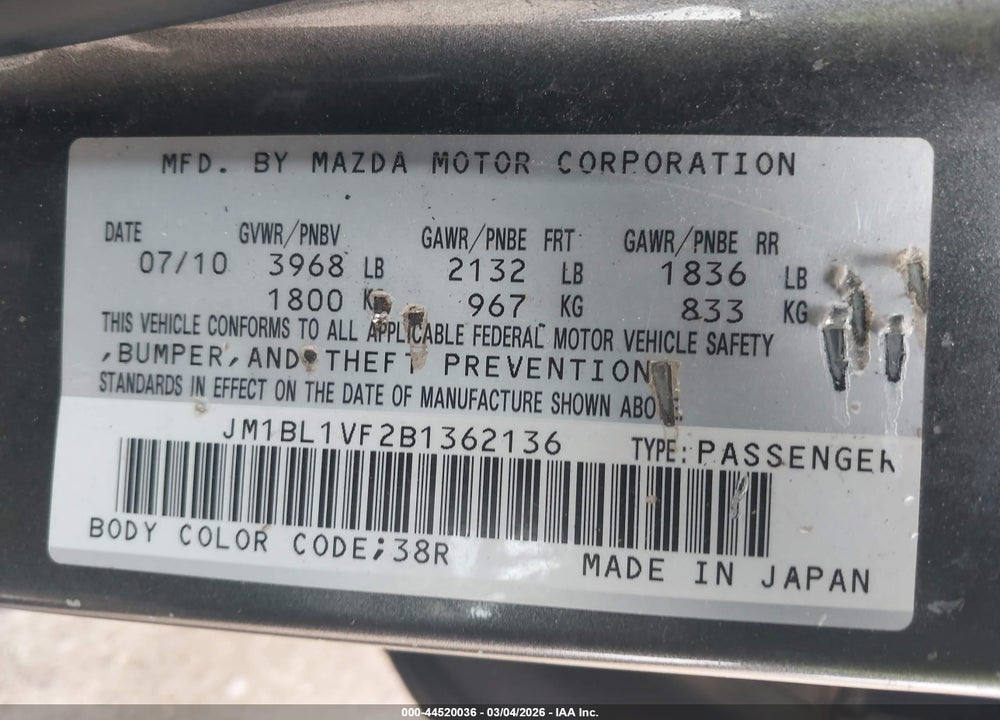 2011 MAZDA 3 I TOURING VIN: JM1BL1VF2B1362136