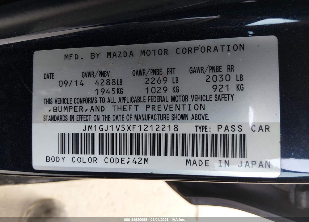 2015 MAZDA 6 VIN: JM1GJ1V5XF1212218