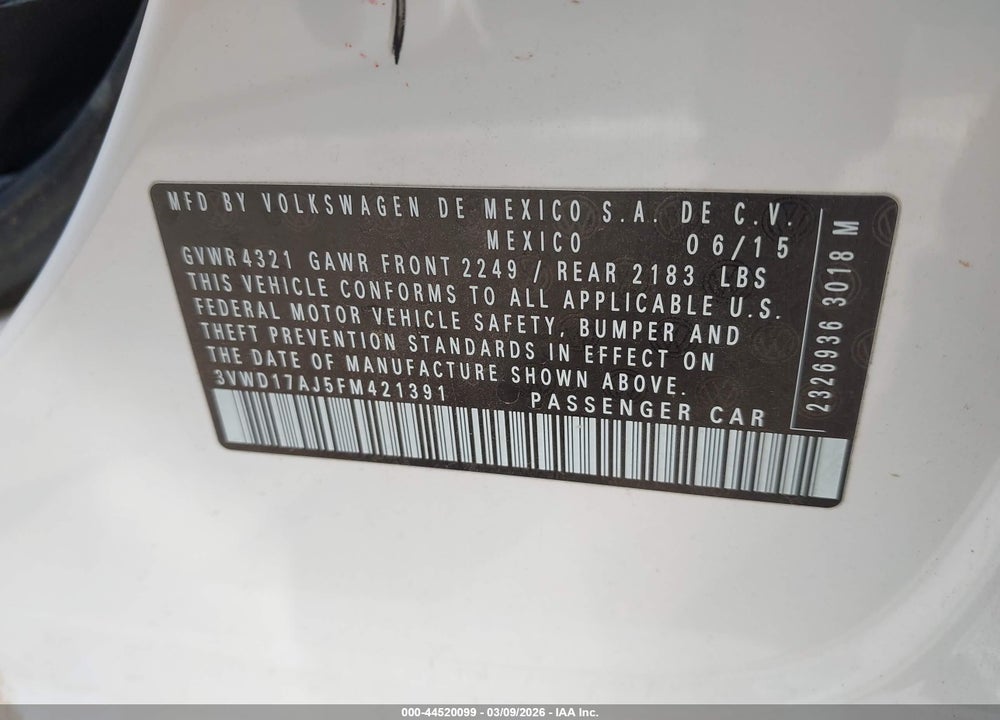 2015 VOLKSWAGEN JETTA 1.8T SE VIN: 3VWD17AJ5FM421391