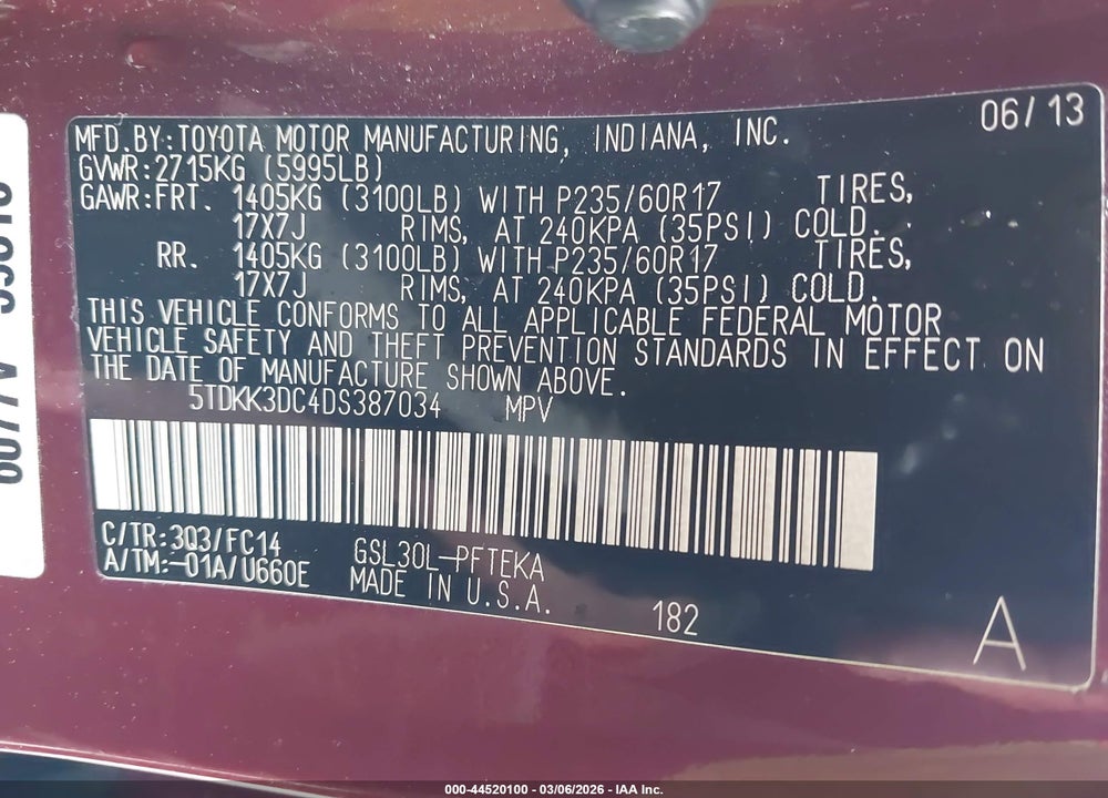 2013 TOYOTA SIENNA LE V6 7 PASSENGER AUTO ACCESS SEAT VIN: 5TDKK3DC4DS387034