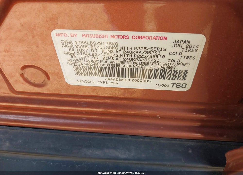 2015 MITSUBISHI OUTLANDER SE VIN: JA4AZ3A3XFZ000395