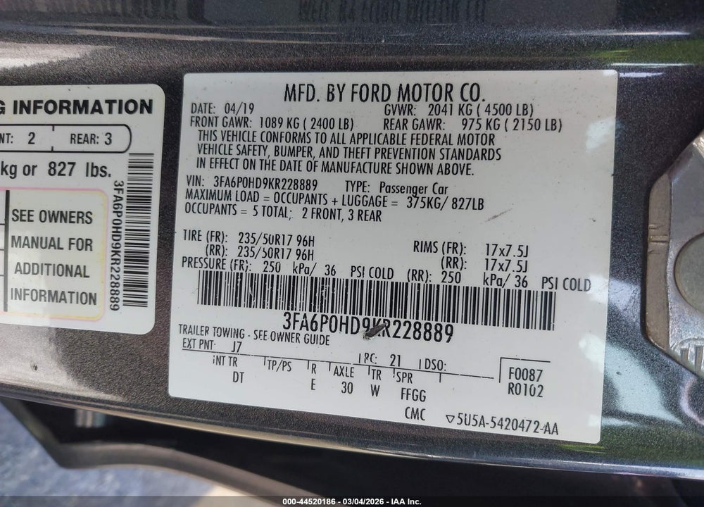 2019 FORD FUSION SE VIN: 3FA6P0HD9KR228889