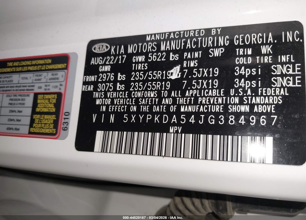 2018 KIA SORENTO 3.3L SX VIN: 5XYPKDA54JG384967