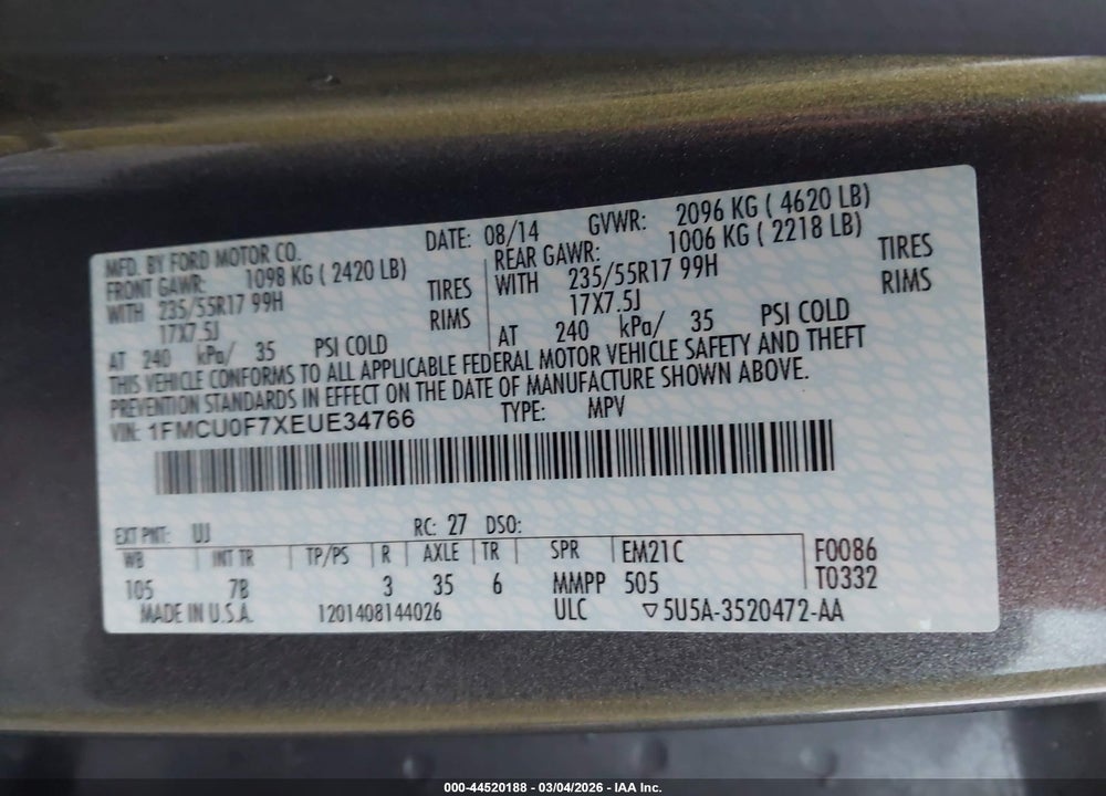 2014 FORD ESCAPE S VIN: 1FMCU0F7XEUE34766