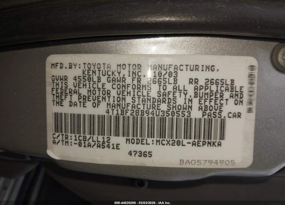 2004 TOYOTA AVALON XL VIN: 4T1BF28B94U350553