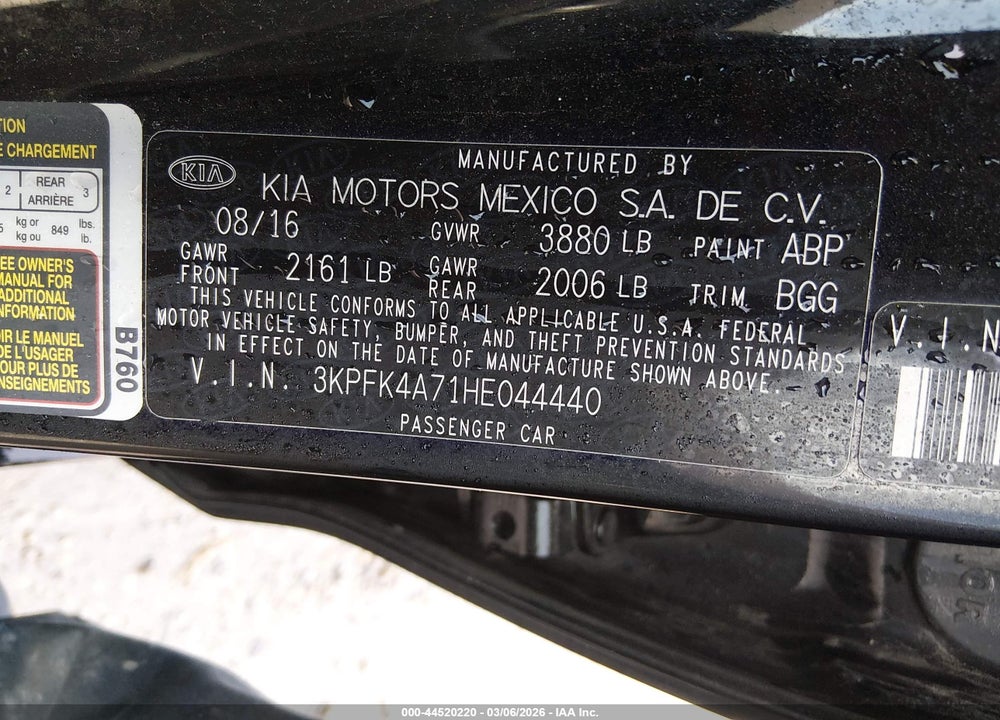 2017 KIA FORTE LX VIN: 3KPFK4A71HE044440