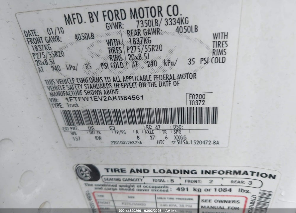 2010 FORD F-150 FX4/HARLEY-DAVIDSON/KING RANCH/LARIAT/PLATINUM/XL/XLT VIN: 1FTFW1EV2AKB84561