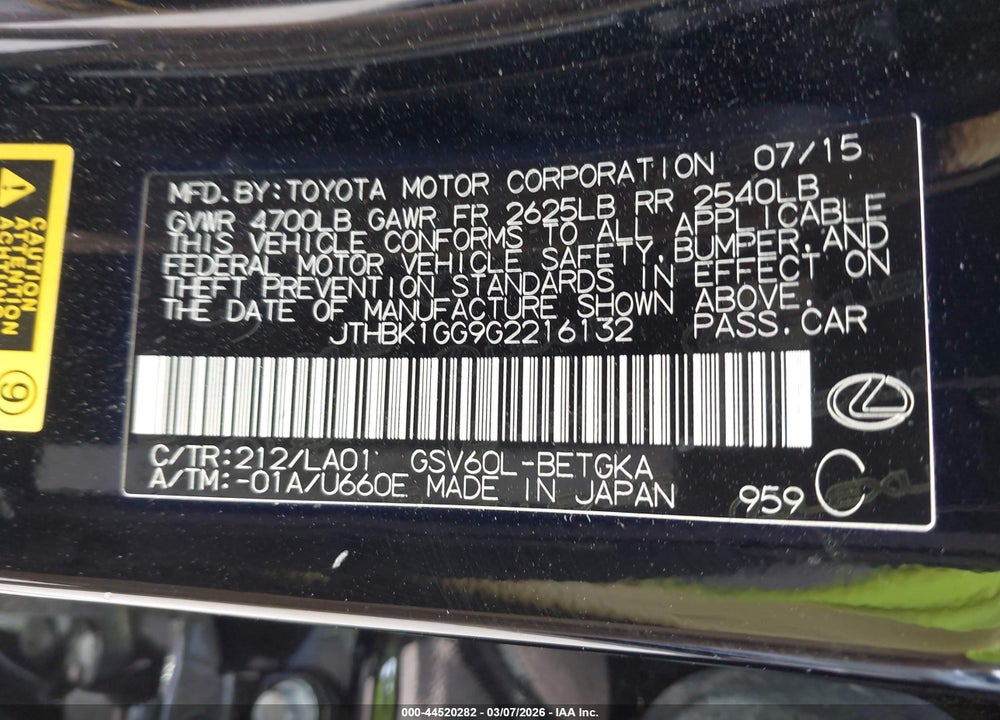 2016 LEXUS ES 350 VIN: JTHBK1GG9G2216132