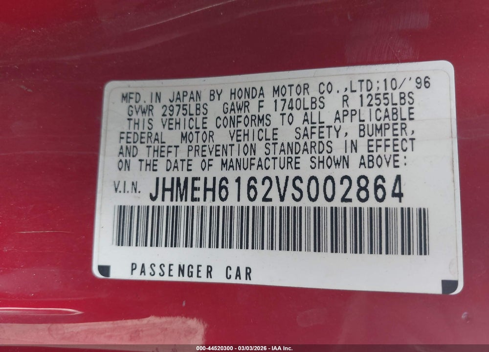 1997 HONDA DEL SOL SI VIN: JHMEH6162VS002864