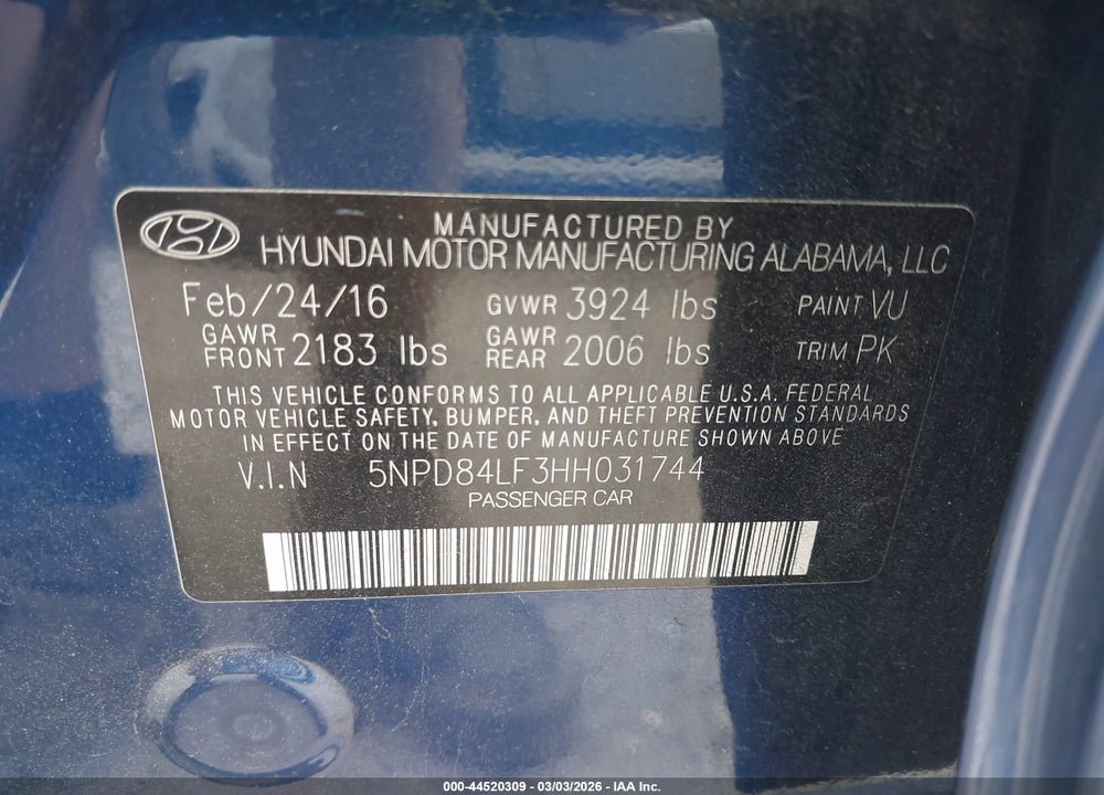 2017 HYUNDAI ELANTRA SE VIN: 5NPD84LF3HH031744