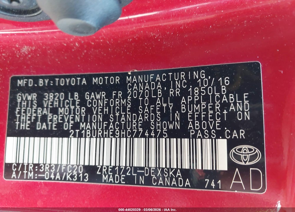 2017 TOYOTA COROLLA SE VIN: 2T1BURHE9HC774475