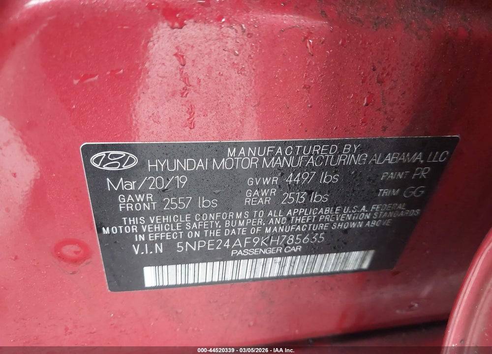 2019 HYUNDAI SONATA SE VIN: 5NPE24AF9KH785635