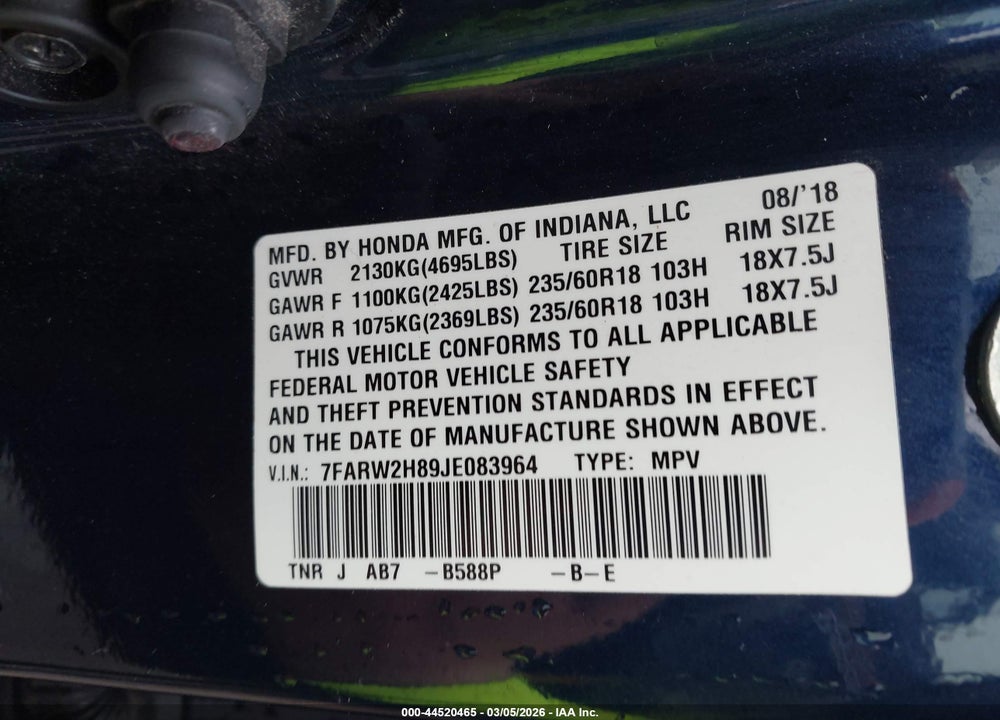 2018 HONDA CR-V EX-L/EX-L NAVI VIN: 7FARW2H89JE083964