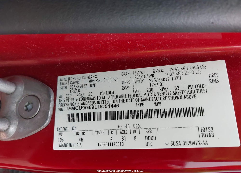 2020 FORD ESCAPE SE VIN: 1FMCU9G69LUC51446