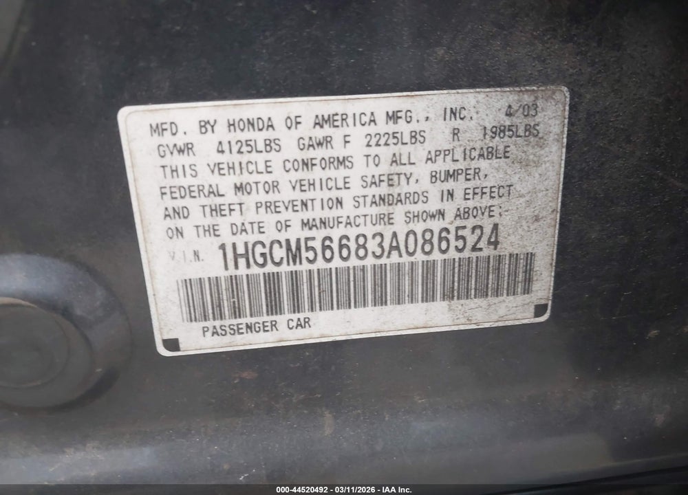 2003 HONDA ACCORD 2.4 EX VIN: 1HGCM56683A086524