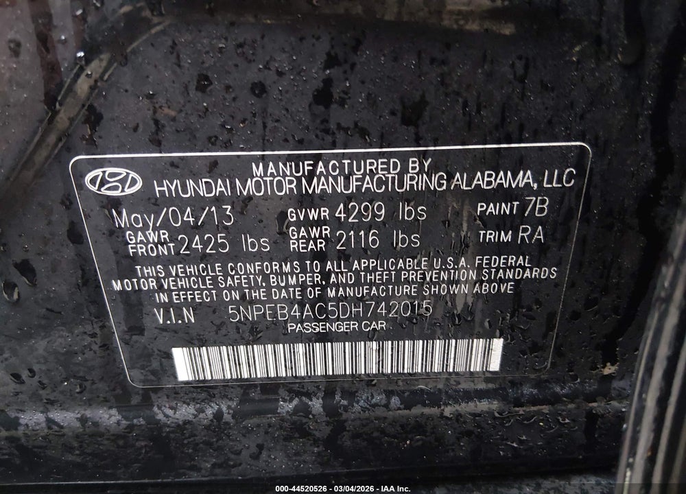 2013 HYUNDAI SONATA GLS VIN: 5NPEB4AC5DH742015