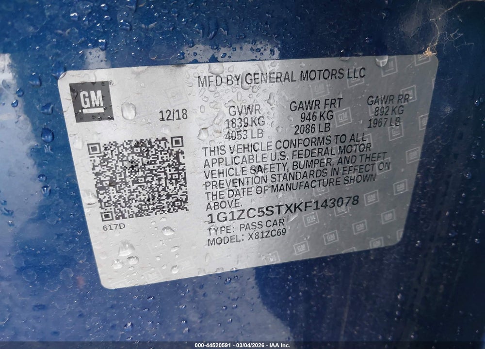 2019 CHEVROLET MALIBU 1FL VIN: 1G1ZC5STXKF143078