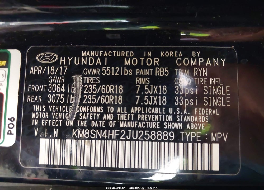 2018 HYUNDAI SANTA FE SE VIN: KM8SN4HF2JU258889