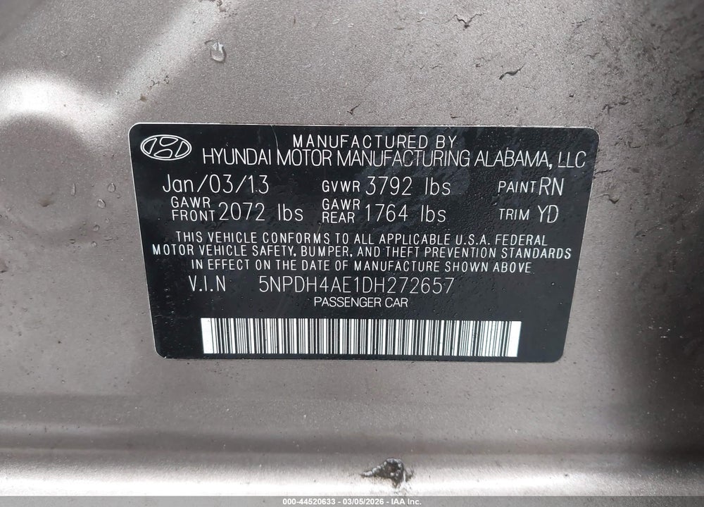 2013 HYUNDAI ELANTRA GLS VIN: 5NPDH4AE1DH272657