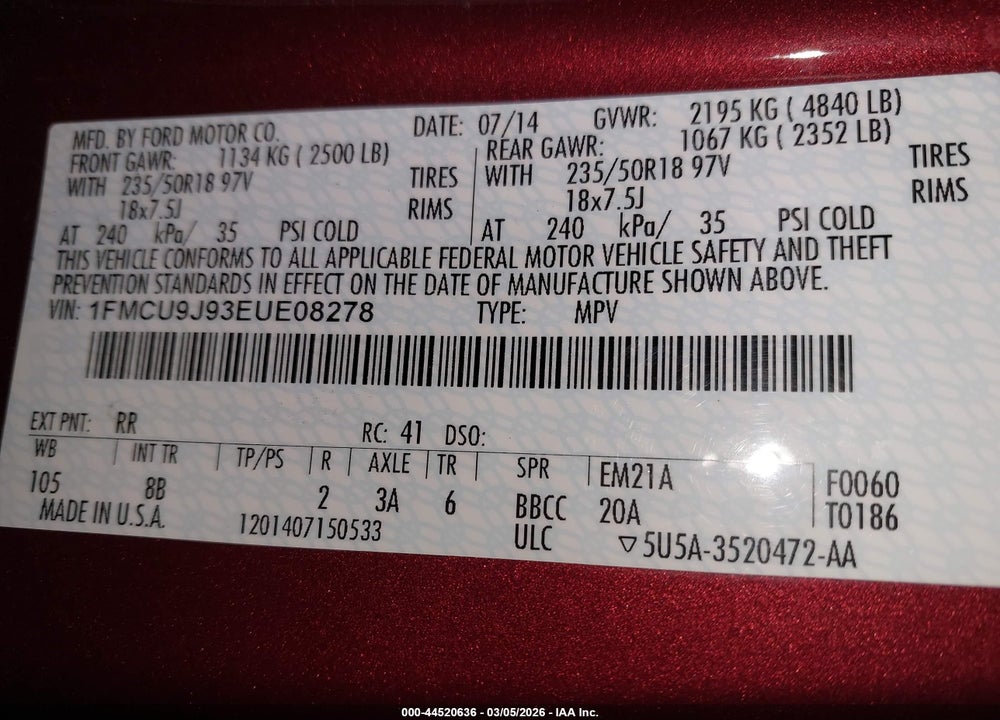 2014 FORD ESCAPE TITANIUM VIN: 1FMCU9J93EUE08278