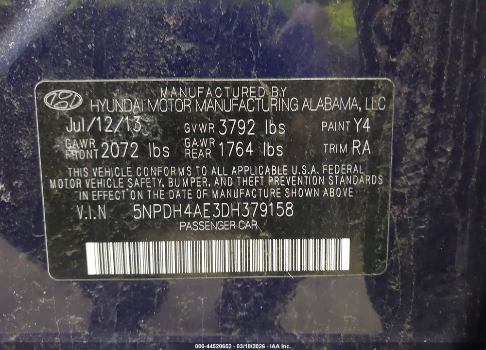 2013 HYUNDAI ELANTRA GLS VIN: 5NPDH4AE3DH379158