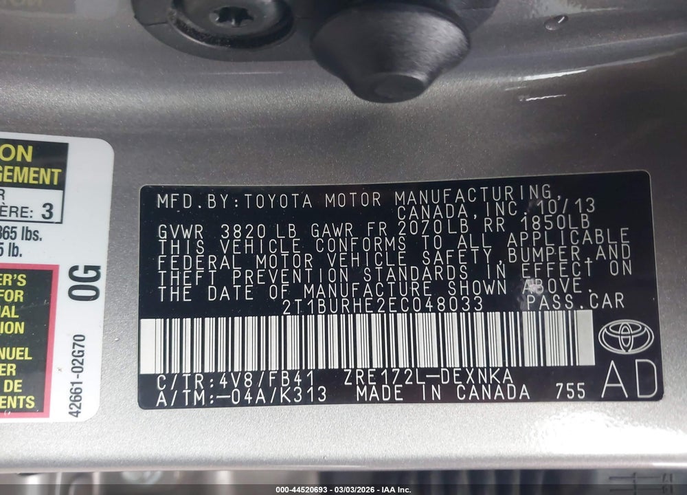 2014 TOYOTA COROLLA LE VIN: 2T1BURHE2EC048033