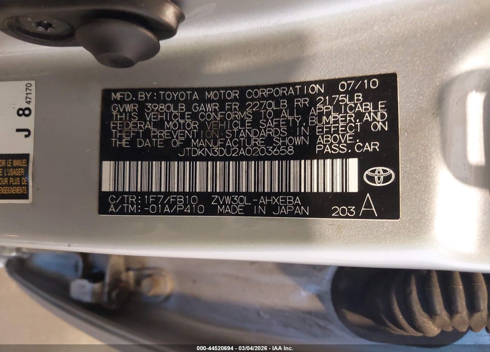 2010 TOYOTA PRIUS II VIN: JTDKN3DU2A0203658