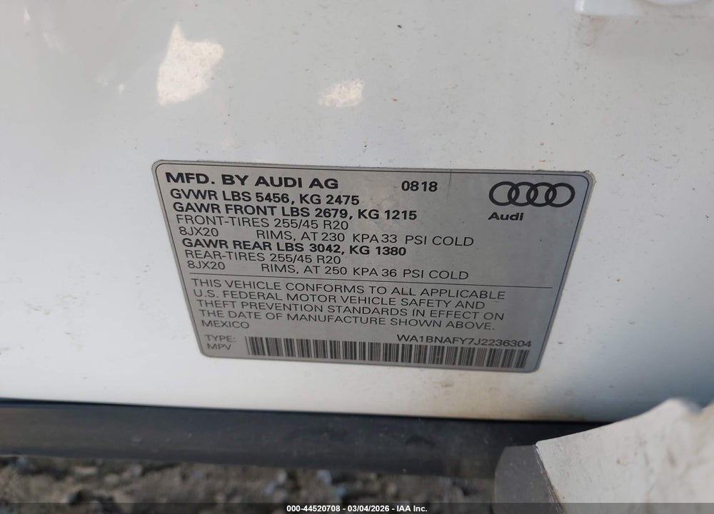 2018 AUDI Q5 2.0T PREMIUM/2.0T TECH PREMIUM VIN: WA1BNAFY7J2236304