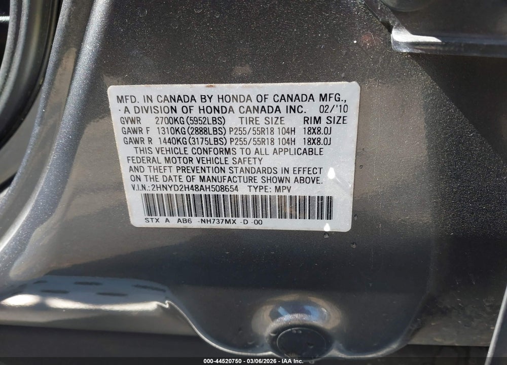2010 ACURA MDX TECHNOLOGY PACKAGE VIN: 2HNYD2H48AH508654