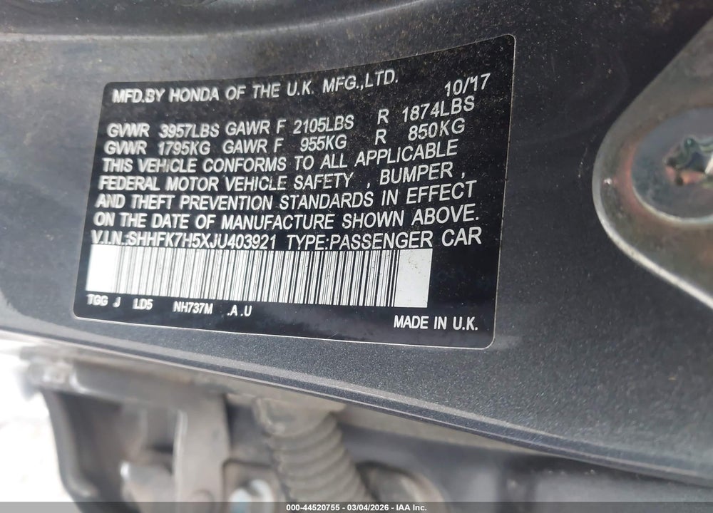 2018 HONDA CIVIC EX VIN: SHHFK7H5XJU403921