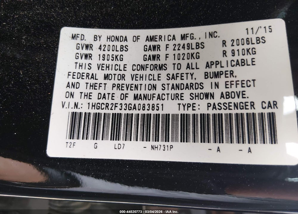 2016 HONDA ACCORD LX VIN: 1HGCR2F33GA083851