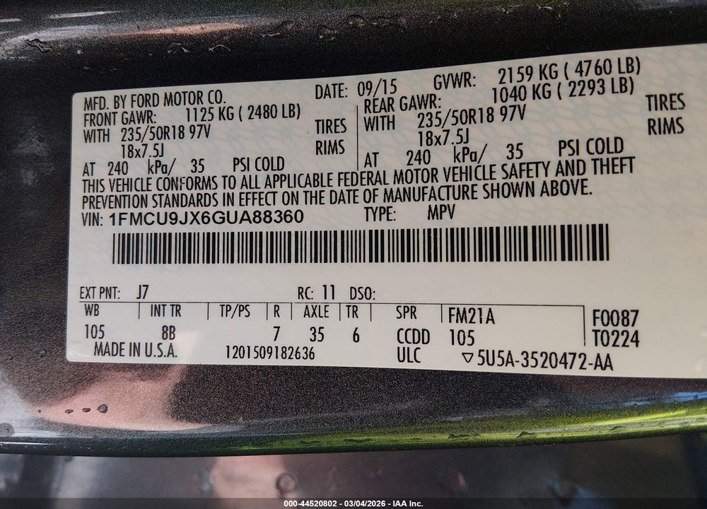 2016 FORD ESCAPE TITANIUM VIN: 1FMCU9JX6GUA88360