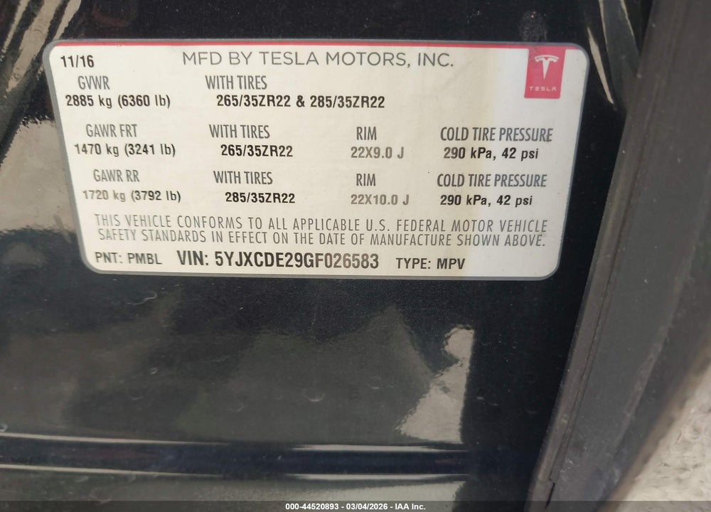 2016 TESLA MODEL X 60D/70D/75D/90D VIN: 5YJXCDE29GF026583