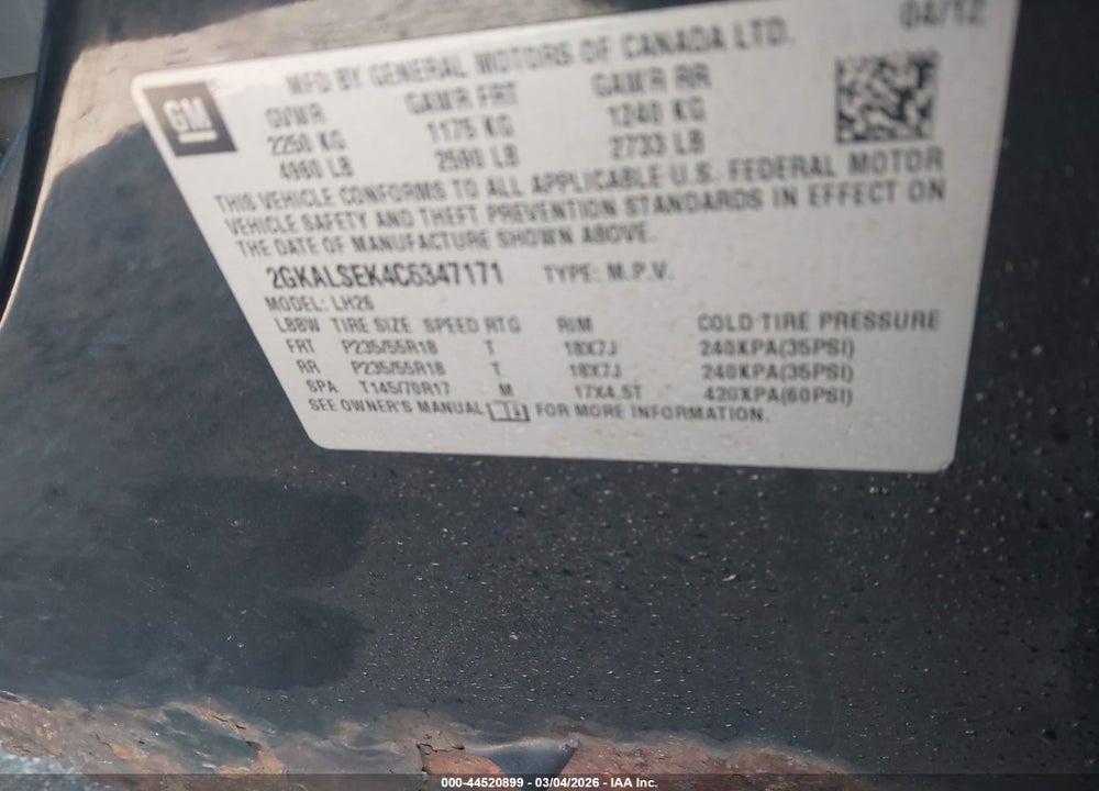 2012 GMC TERRAIN SLE-2 VIN: 2GKALSEK4C6347171