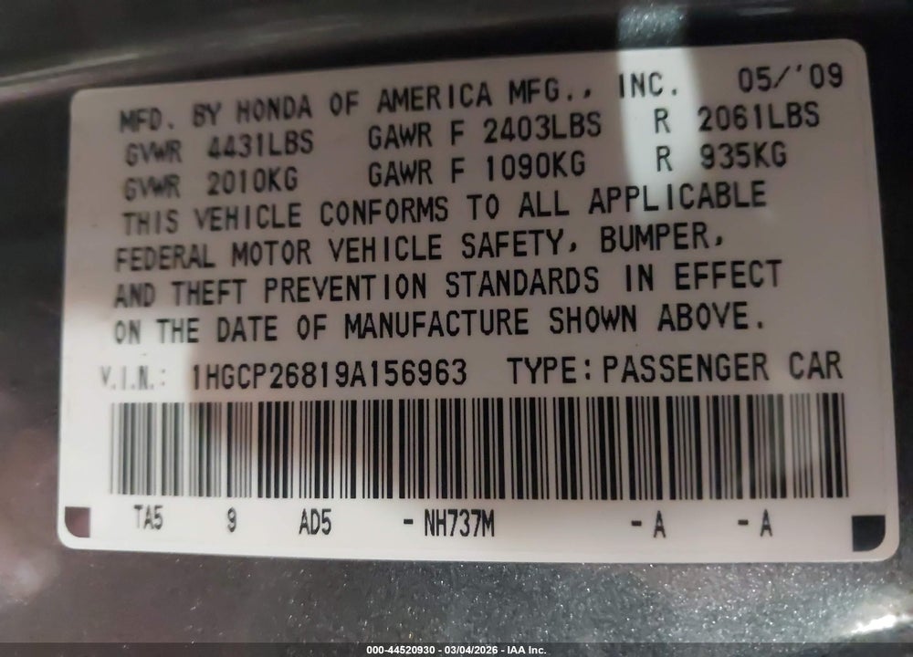 2009 HONDA ACCORD 2.4 EX-L VIN: 1HGCP26819A156963
