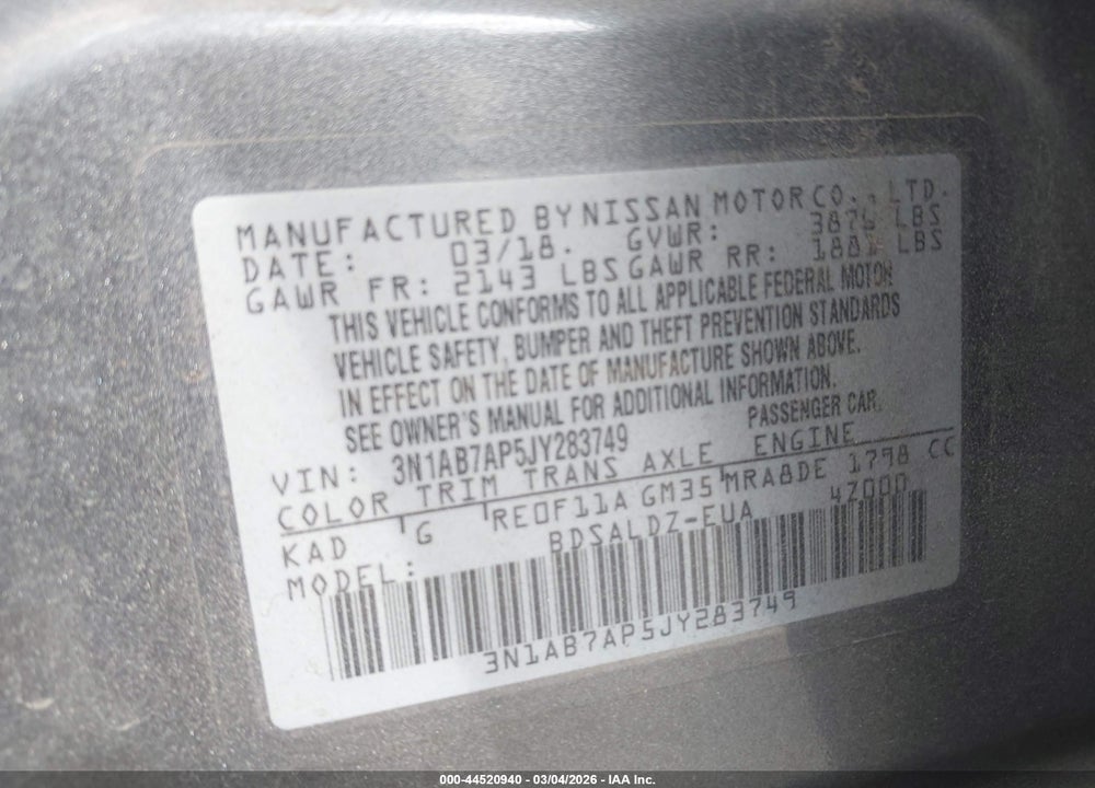 2018 NISSAN SENTRA SV VIN: 3N1AB7AP5JY283749