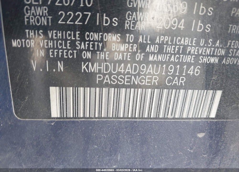 2010 HYUNDAI ELANTRA GLS VIN: KMHDU4AD9AU191146