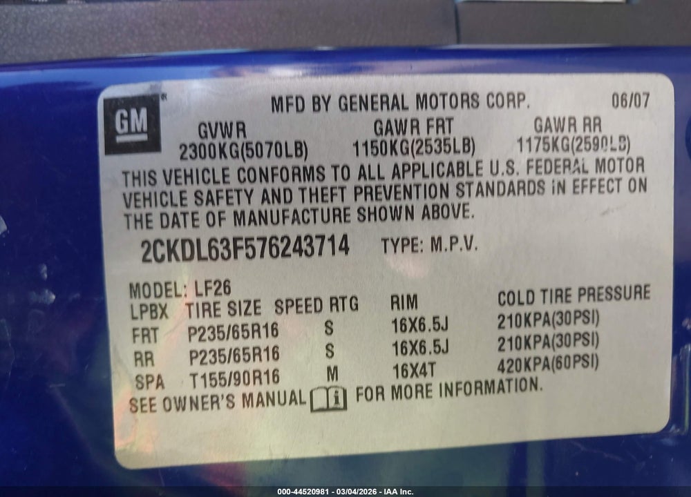 2007 PONTIAC TORRENT VIN: 2CKDL63F576243714
